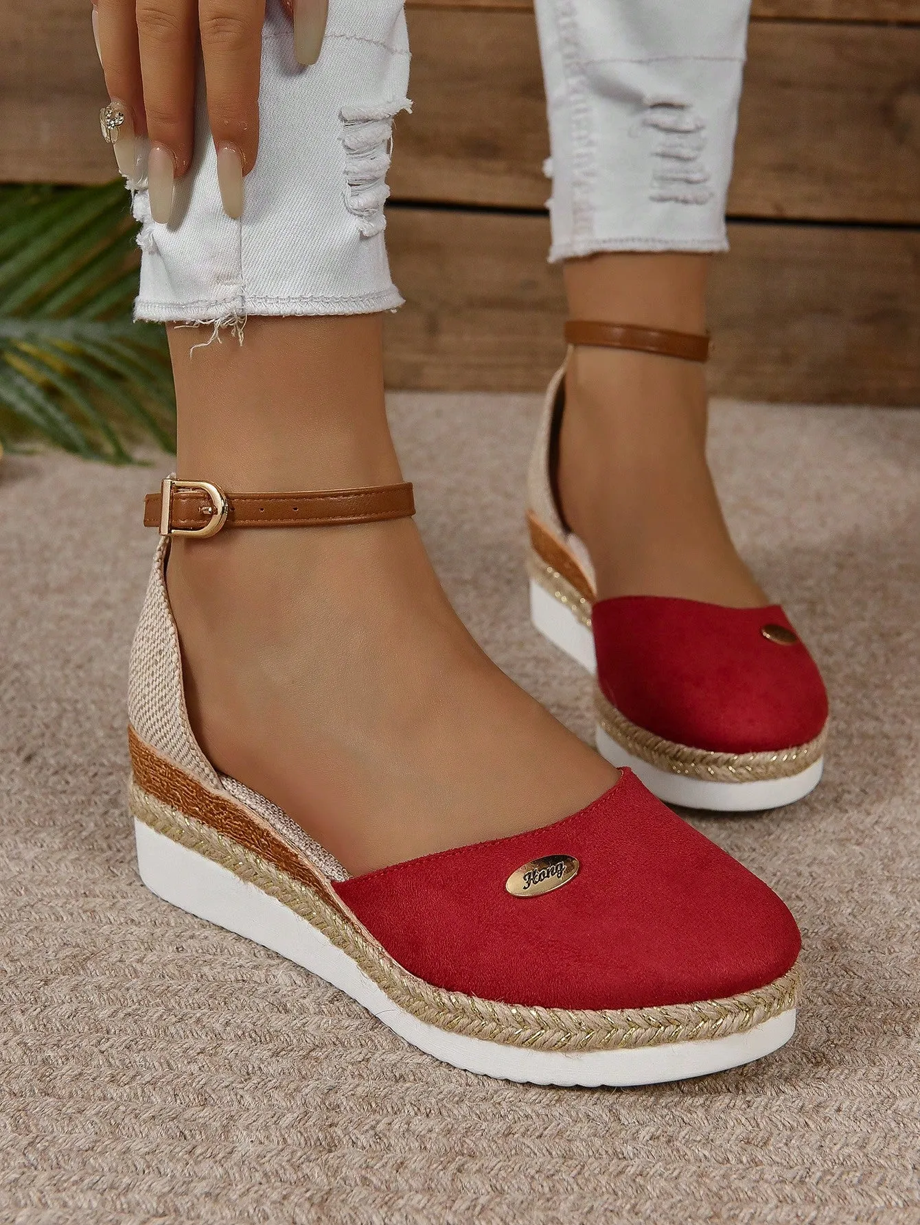 Women's Plus Size Faux Suede Color Block Round Toe Espadrilles With Elegant Wedge Heels & Thick Soles