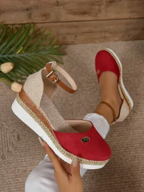 Women's Plus Size Faux Suede Color Block Round Toe Espadrilles With Elegant Wedge Heels & Thick Soles