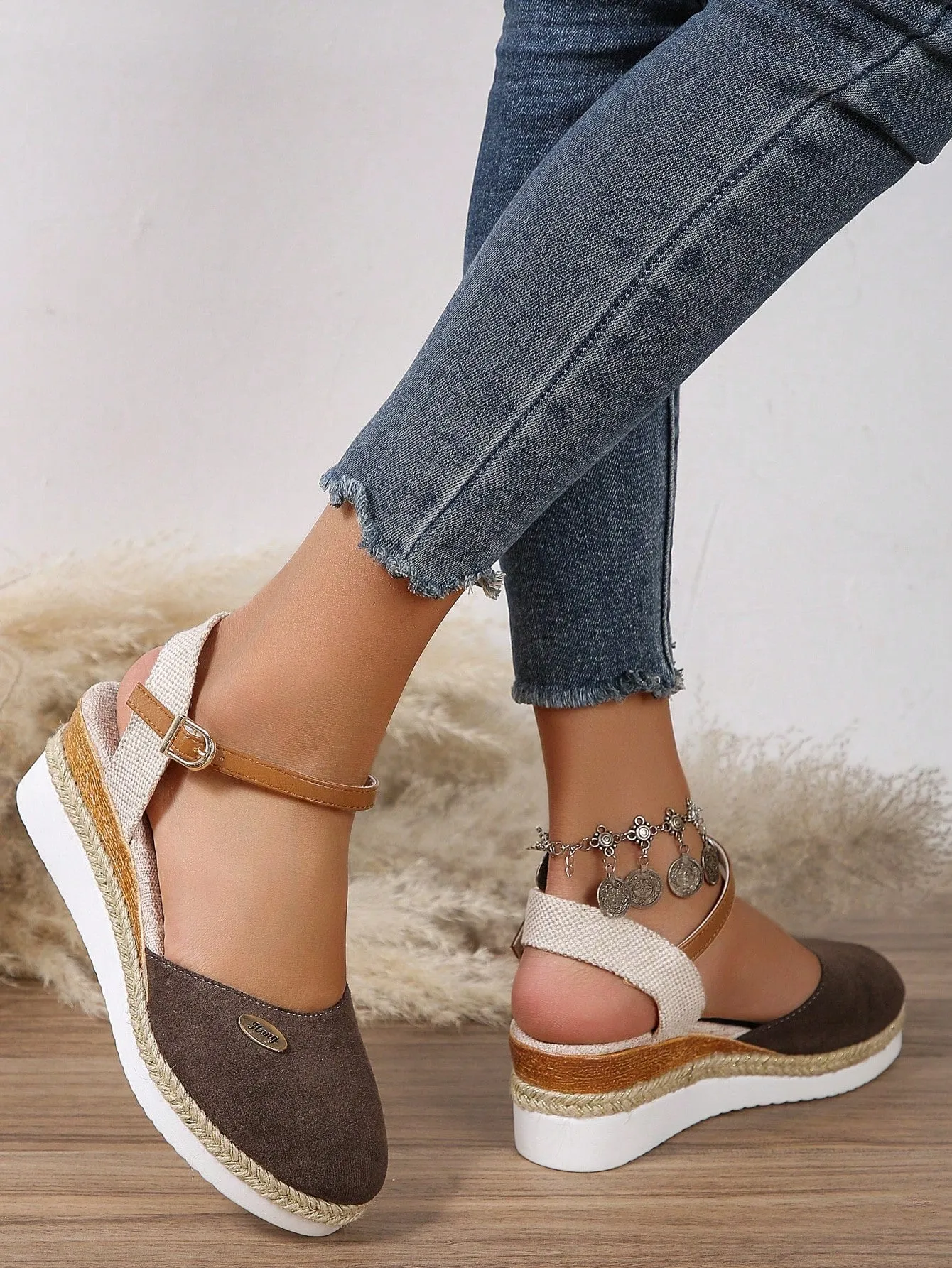Women's Plus Size Faux Suede Color Block Round Toe Espadrilles With Elegant Wedge Heels & Thick Soles