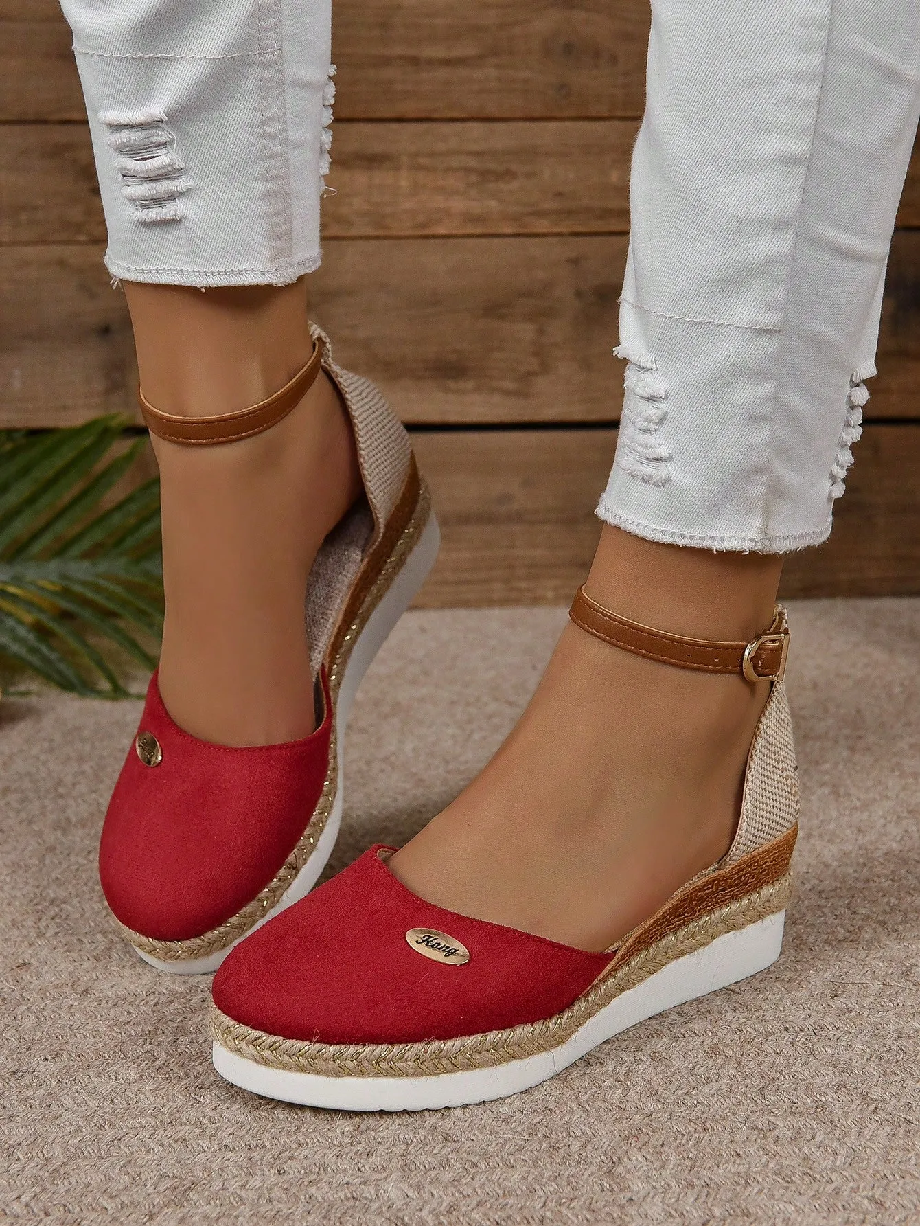 Women's Plus Size Faux Suede Color Block Round Toe Espadrilles With Elegant Wedge Heels & Thick Soles