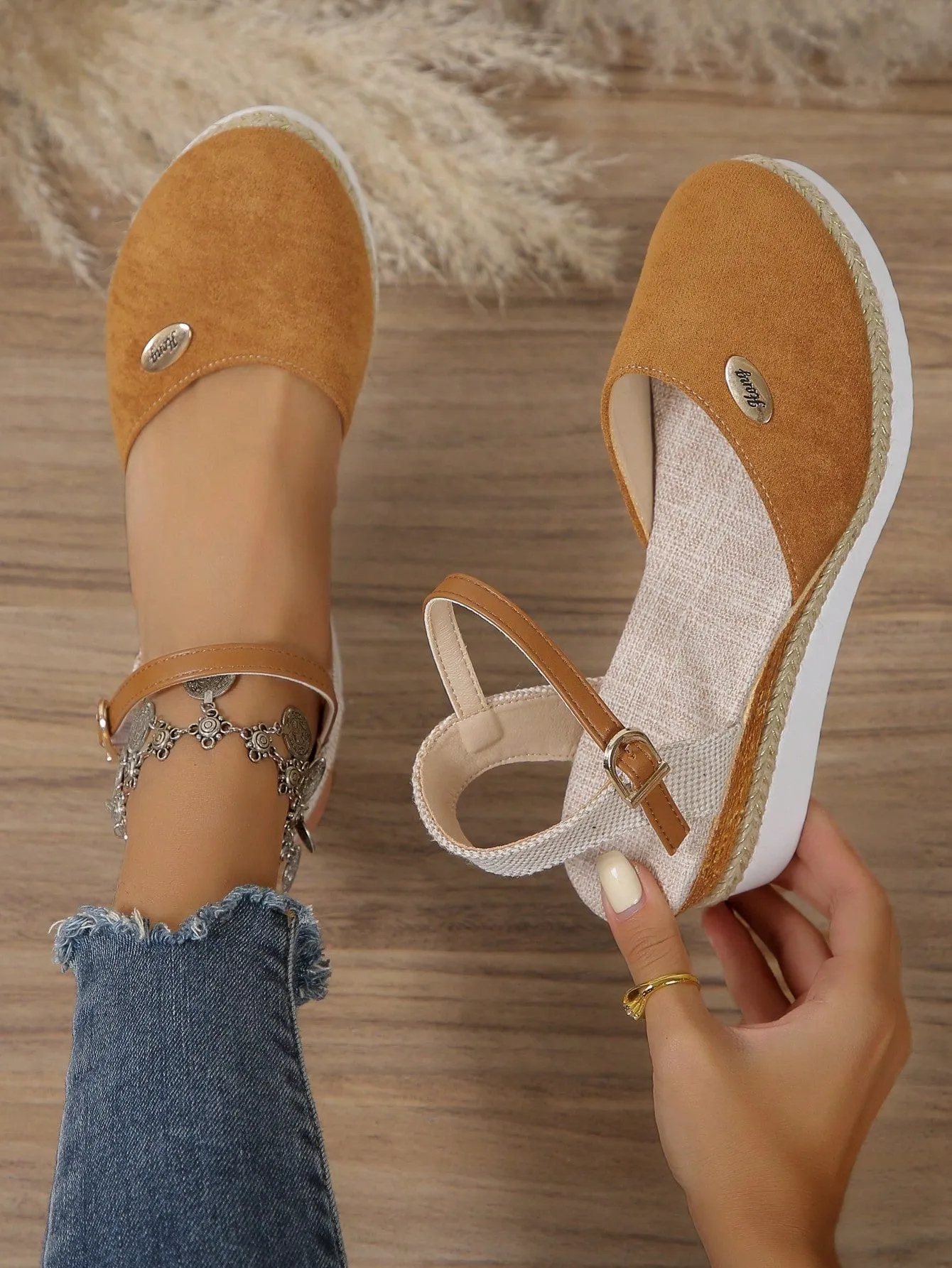 Women's Plus Size Faux Suede Color Block Round Toe Espadrilles With Elegant Wedge Heels & Thick Soles