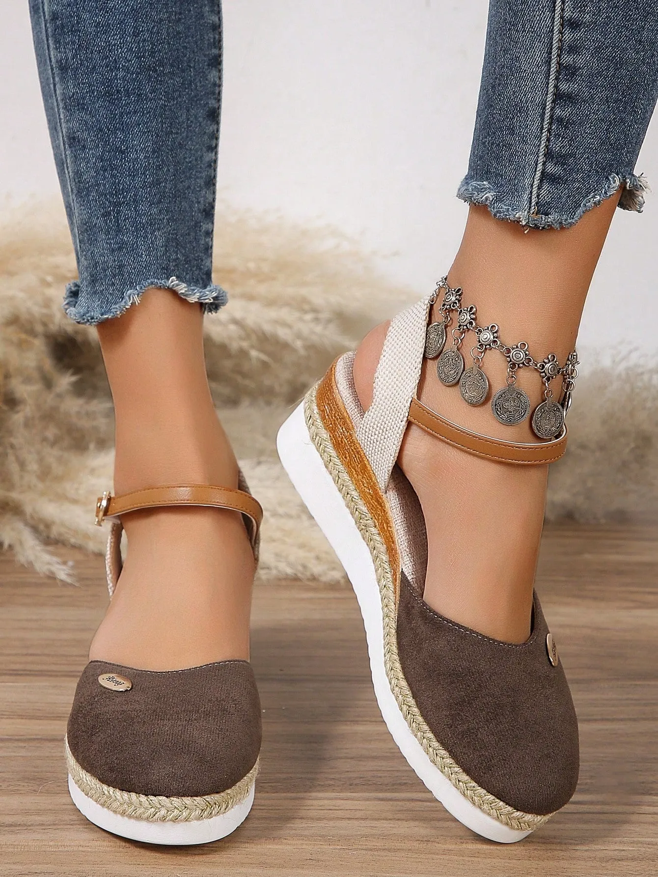 Women's Plus Size Faux Suede Color Block Round Toe Espadrilles With Elegant Wedge Heels & Thick Soles