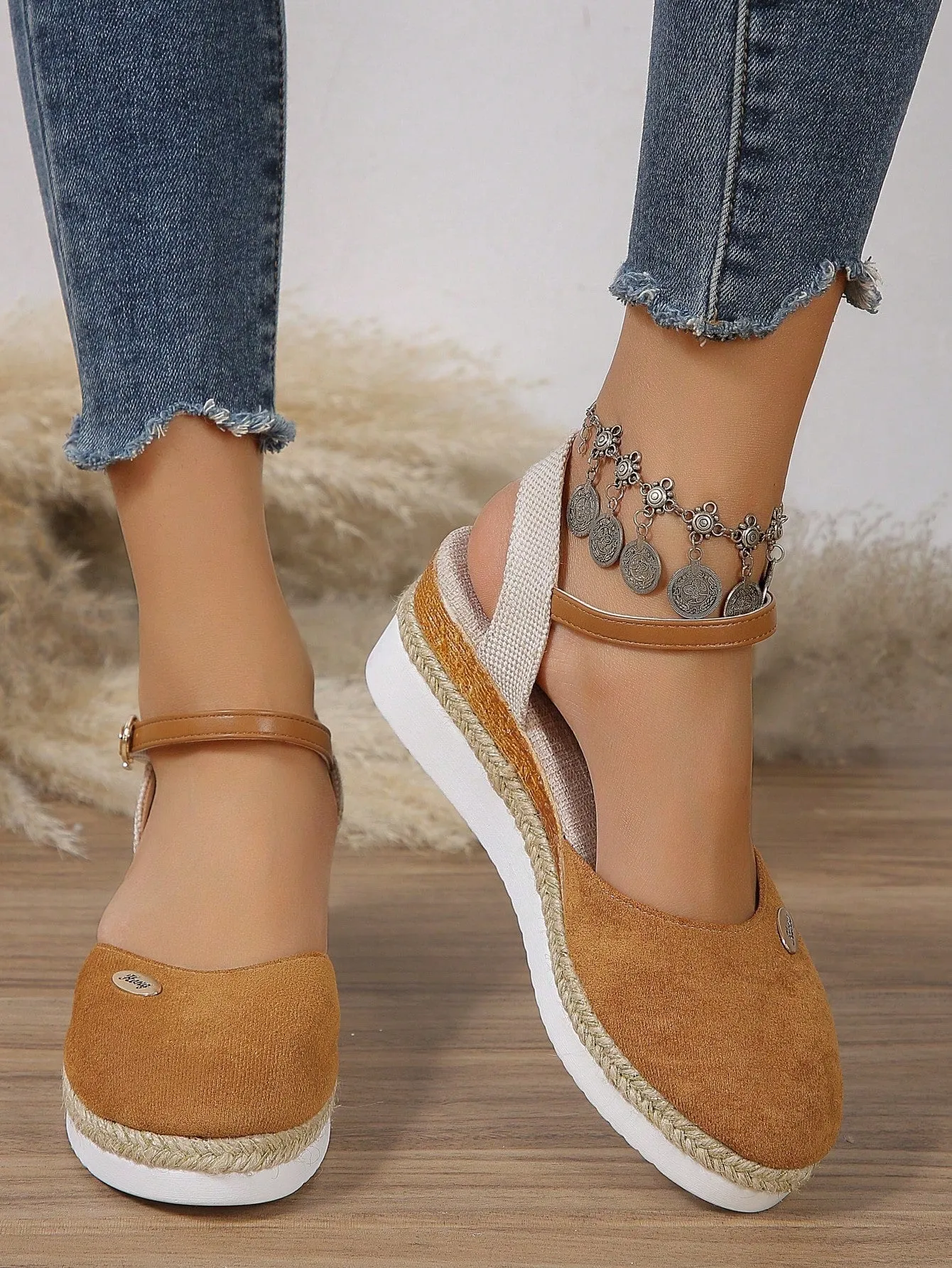 Women's Plus Size Faux Suede Color Block Round Toe Espadrilles With Elegant Wedge Heels & Thick Soles