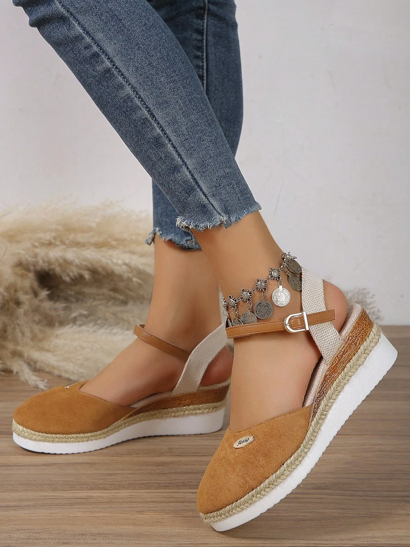 Women's Plus Size Faux Suede Color Block Round Toe Espadrilles With Elegant Wedge Heels & Thick Soles