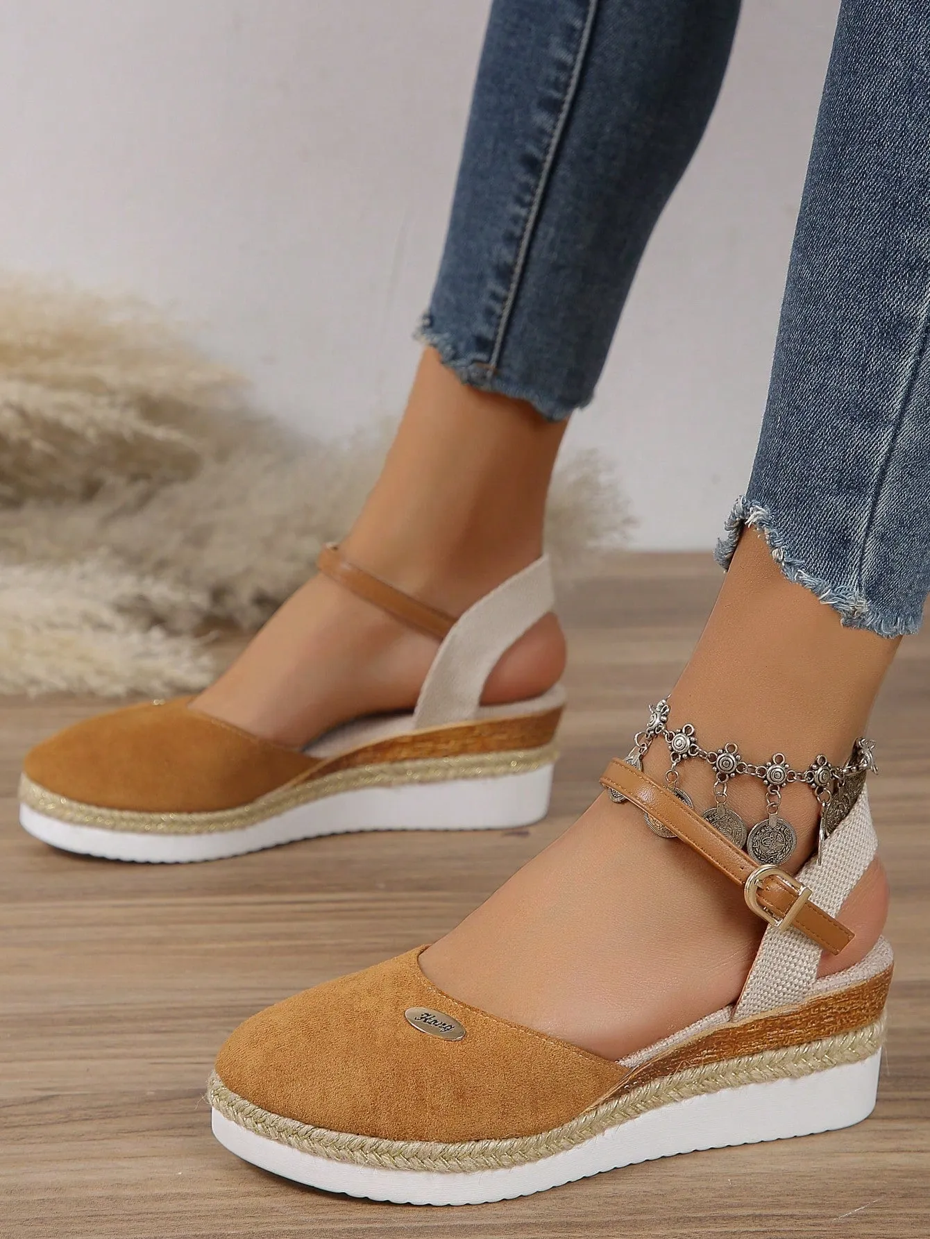 Women's Plus Size Faux Suede Color Block Round Toe Espadrilles With Elegant Wedge Heels & Thick Soles