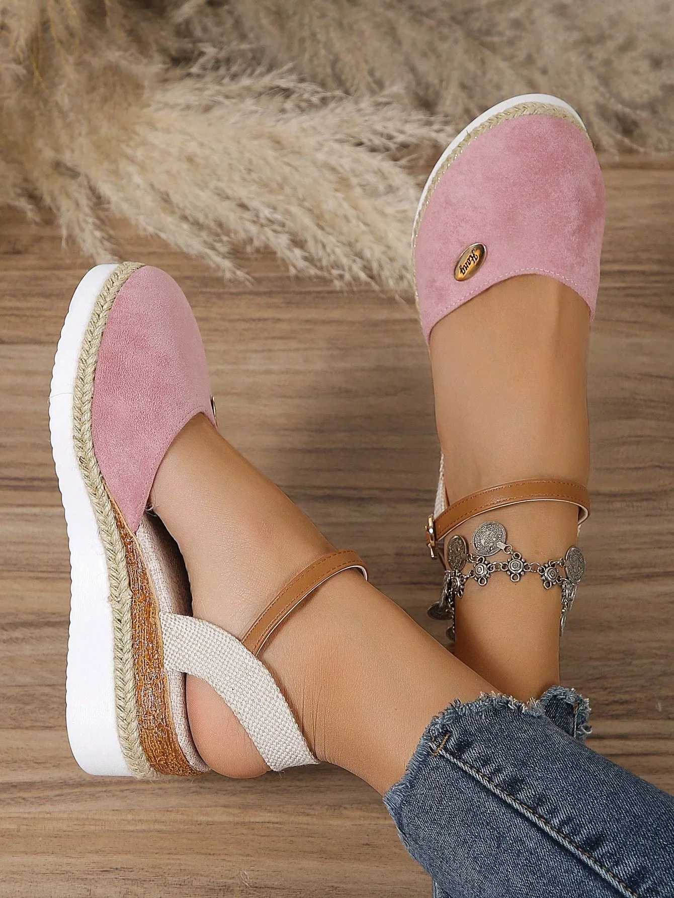 Women's Plus Size Faux Suede Color Block Round Toe Espadrilles With Elegant Wedge Heels & Thick Soles