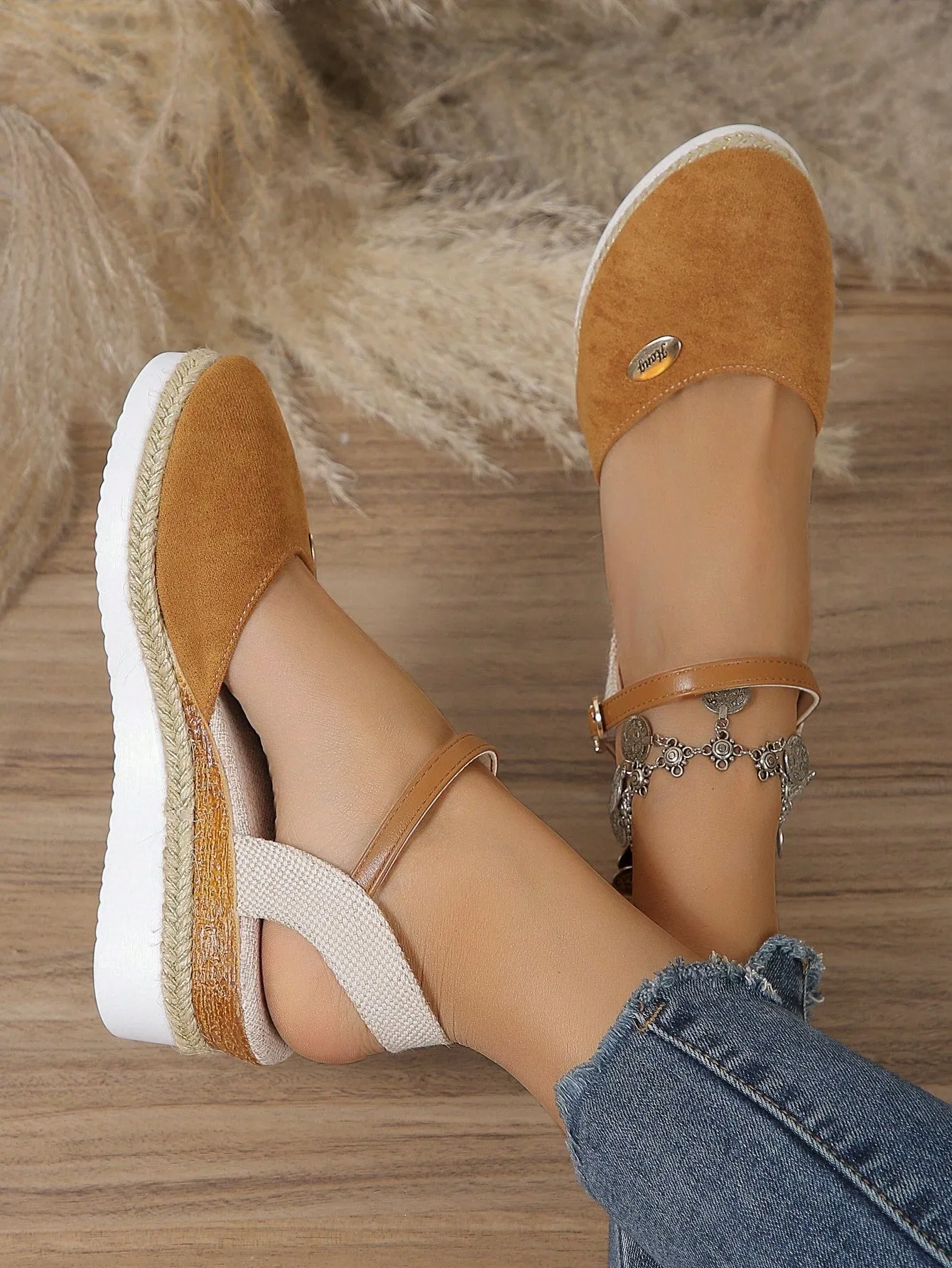 Women's Plus Size Faux Suede Color Block Round Toe Espadrilles With Elegant Wedge Heels & Thick Soles