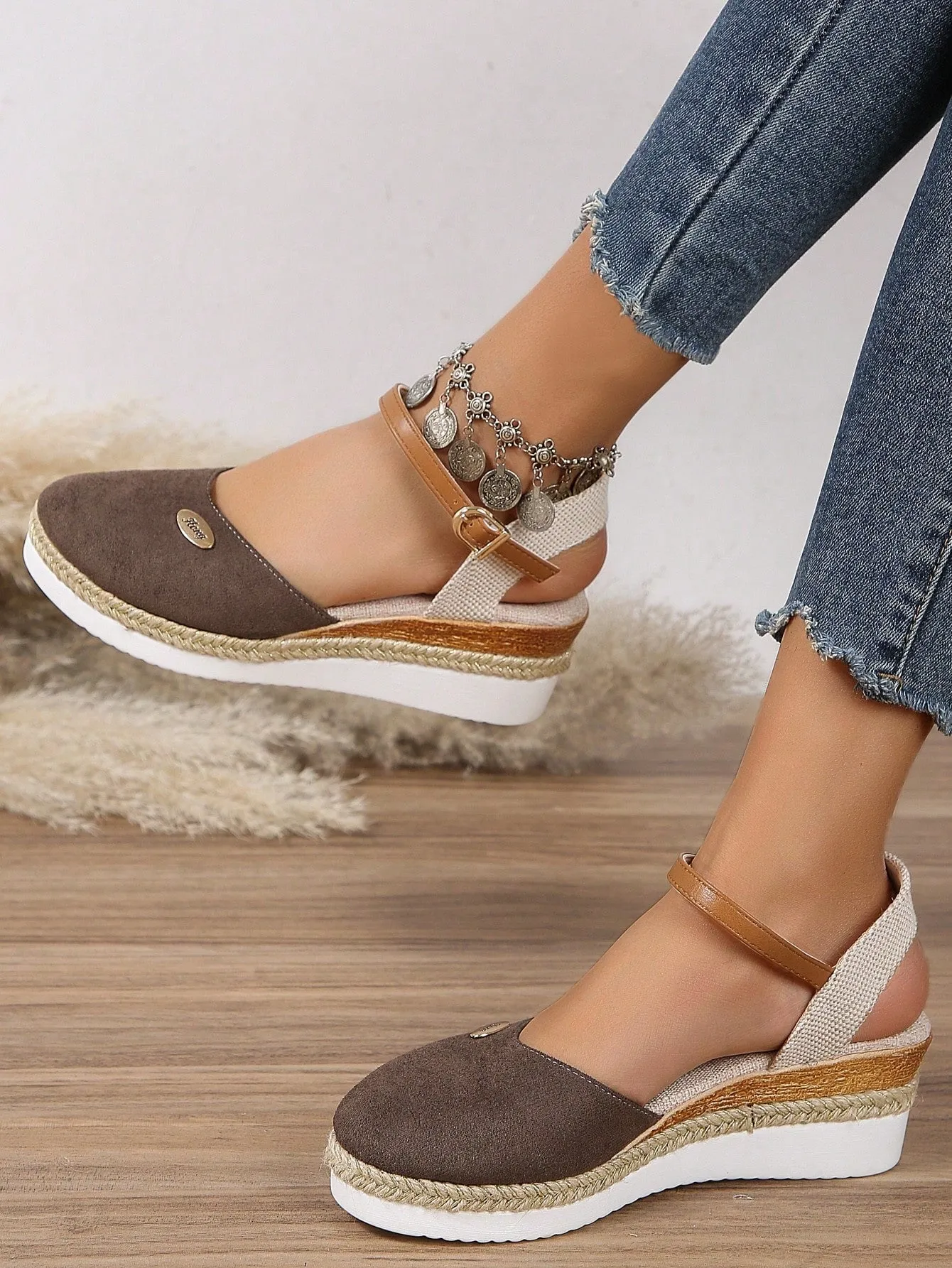 Women's Plus Size Faux Suede Color Block Round Toe Espadrilles With Elegant Wedge Heels & Thick Soles