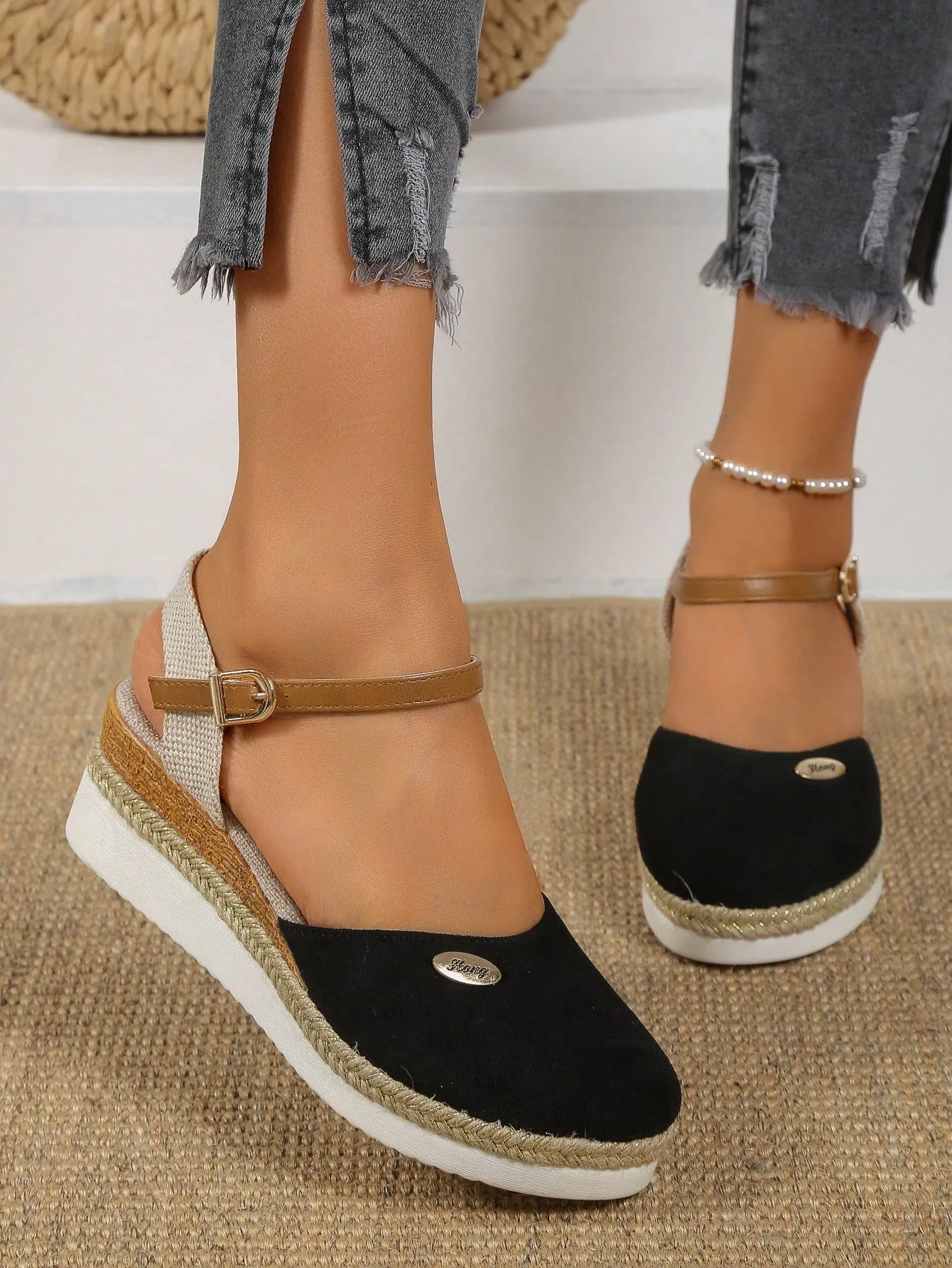 Women's Plus Size Faux Suede Color Block Round Toe Espadrilles With Elegant Wedge Heels & Thick Soles