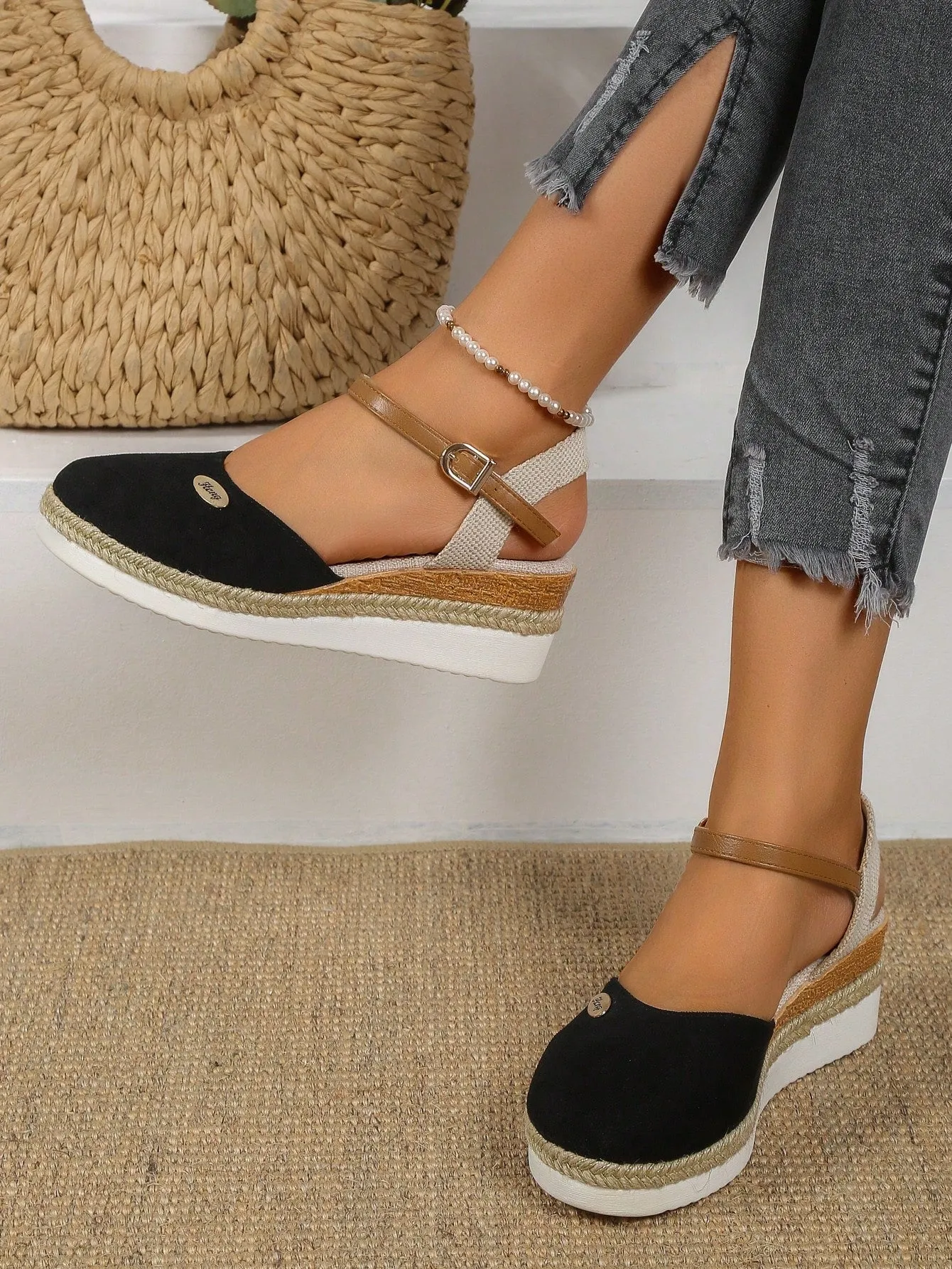 Women's Plus Size Faux Suede Color Block Round Toe Espadrilles With Elegant Wedge Heels & Thick Soles