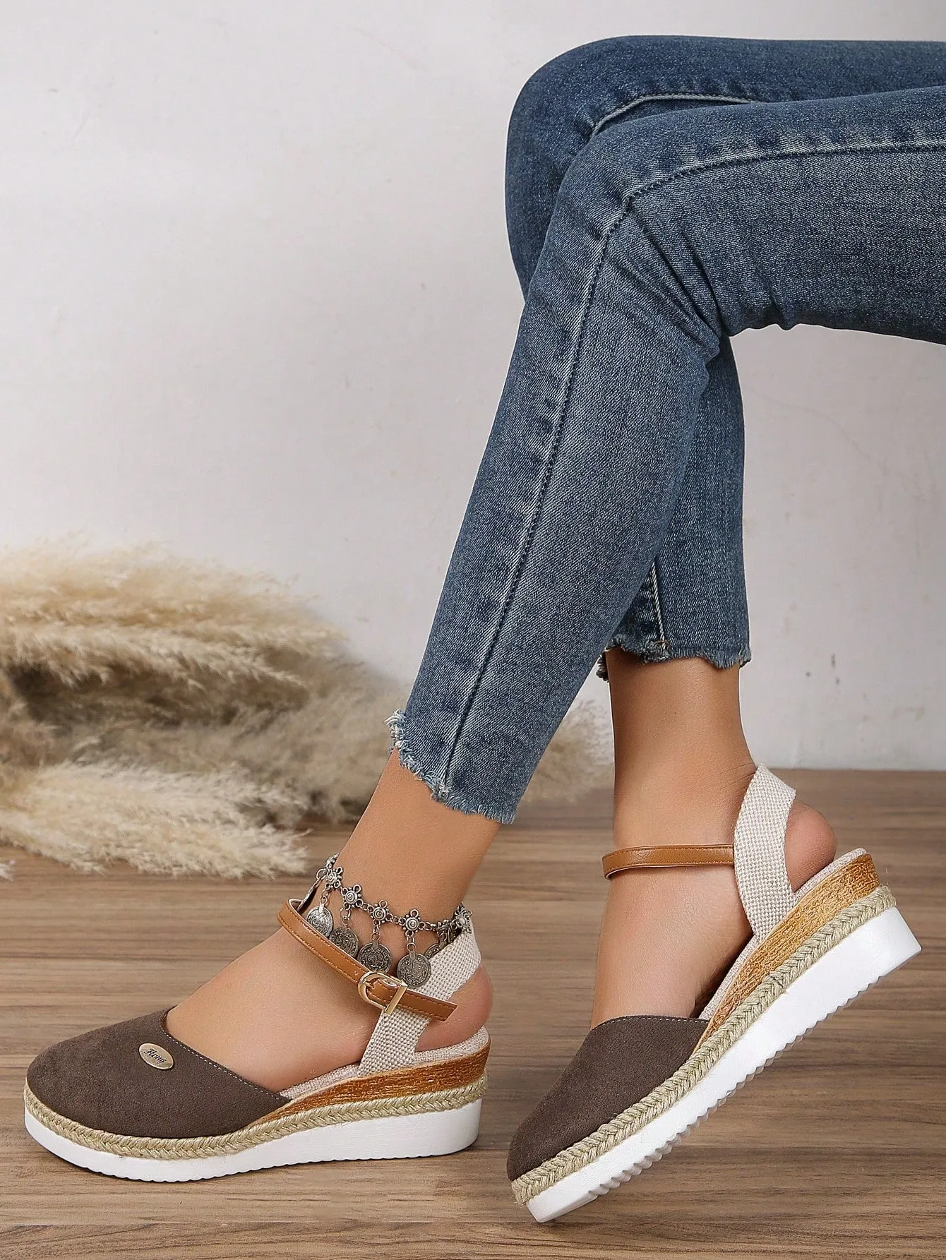 Women's Plus Size Faux Suede Color Block Round Toe Espadrilles With Elegant Wedge Heels & Thick Soles