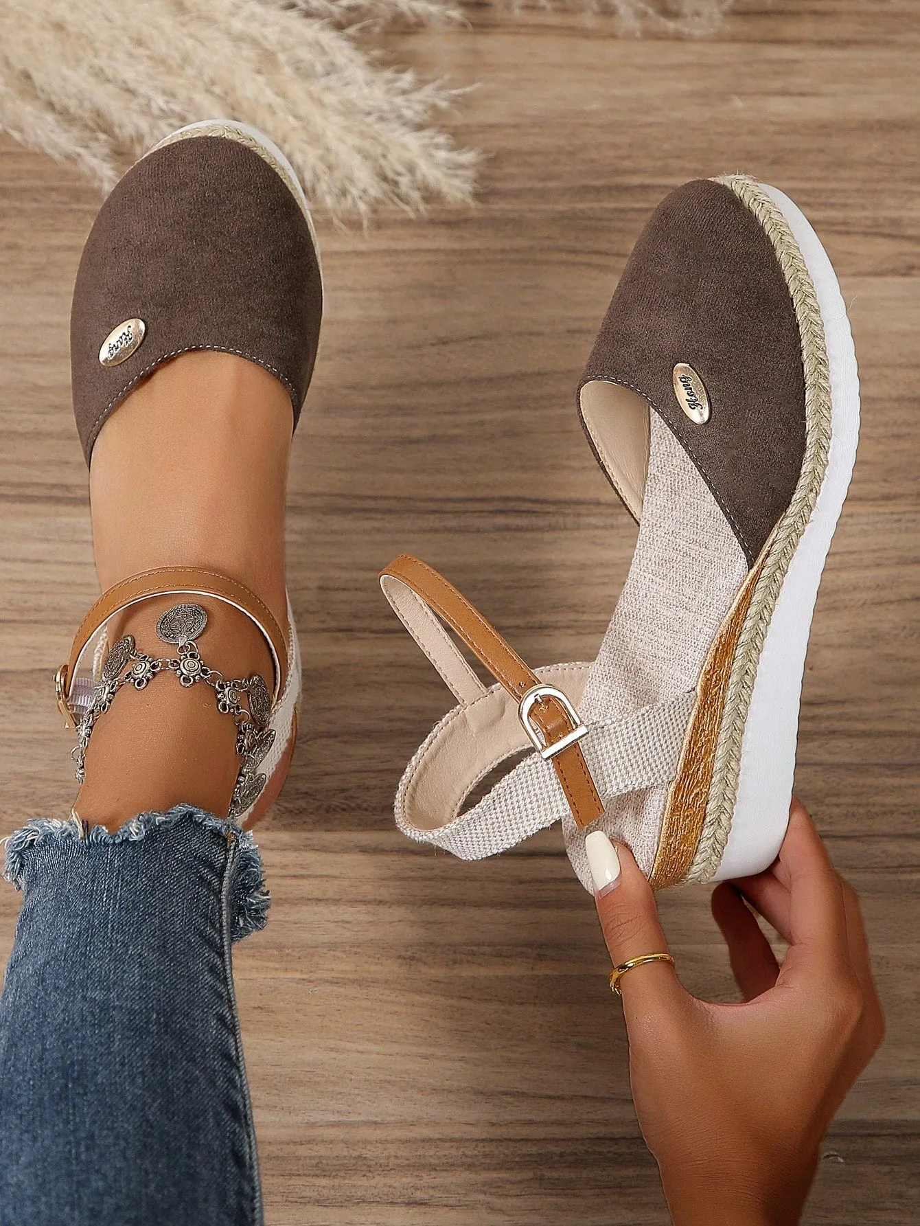 Women's Plus Size Faux Suede Color Block Round Toe Espadrilles With Elegant Wedge Heels & Thick Soles