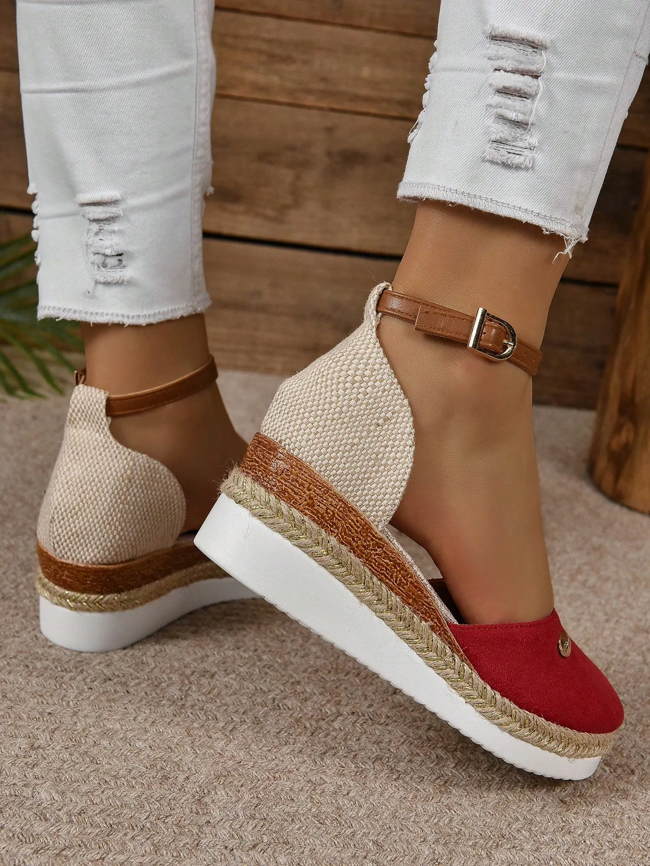 Women's Plus Size Faux Suede Color Block Round Toe Espadrilles With Elegant Wedge Heels & Thick Soles